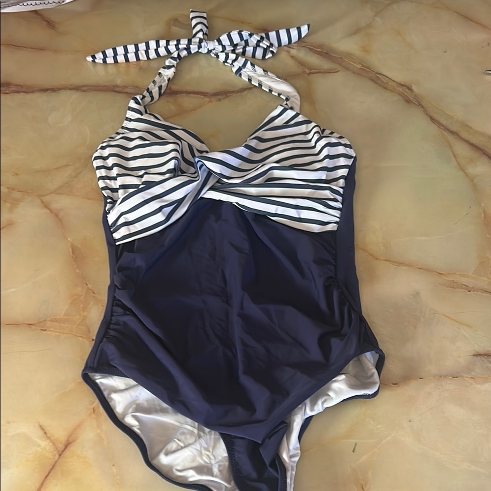Navy and White Striped Kids Swimwear